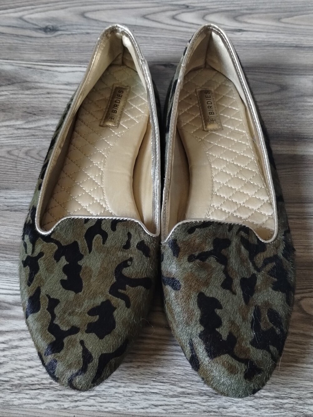 Birdies The Blackbird Half Calf Hair Green Black Camo Loafer Slip On Flat Size 8